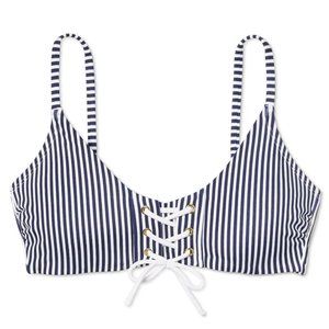 Striped Lace Up Front Bralette Bikini Top Navy & White D/DD